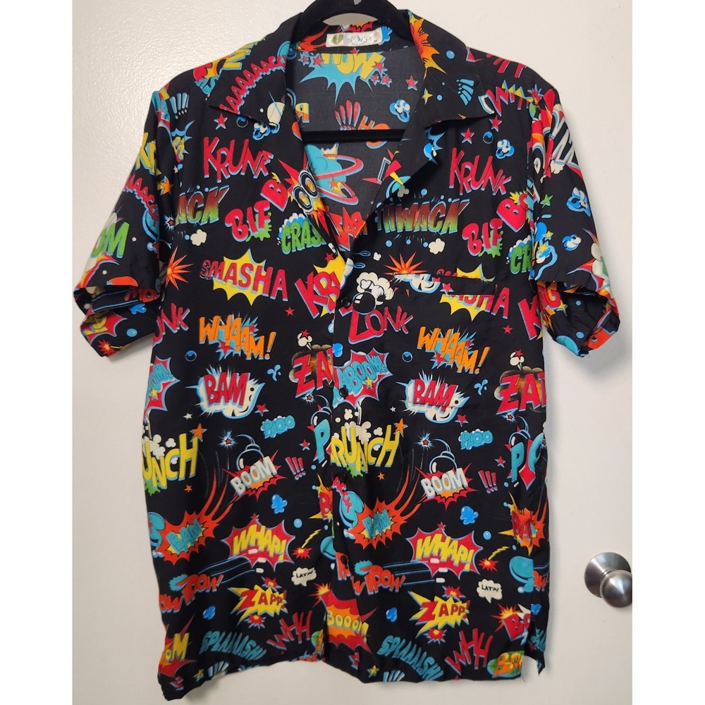 V.H.O. Men's Graphic Button Down Med Comic Book Hawaiin Superhero Whimsical